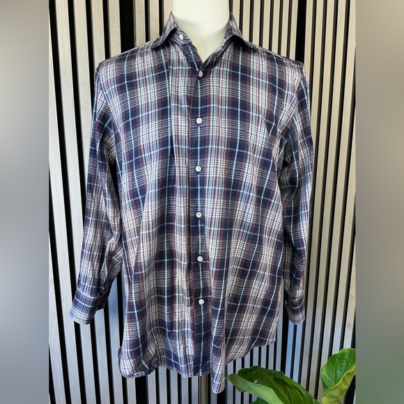 Men’s Peter Millar 100% Cotton Blue/Burgandy Button Down Long Sleeve Shirt Sz M - Picture 1 of 9